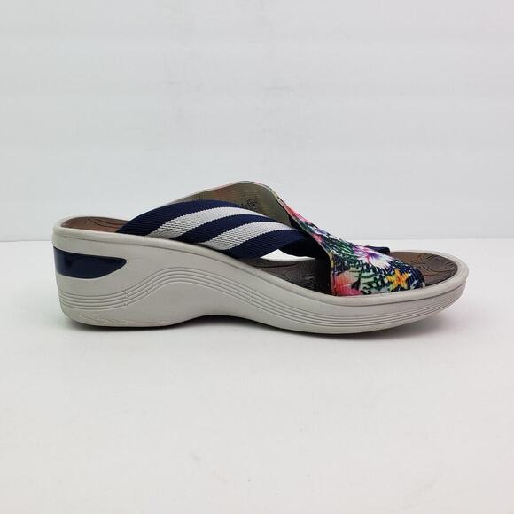 Bzees Desire Womens Size 6.5 Gray Blue Floral Slip On Wedge Slide Sandals - Picture 4 of 11